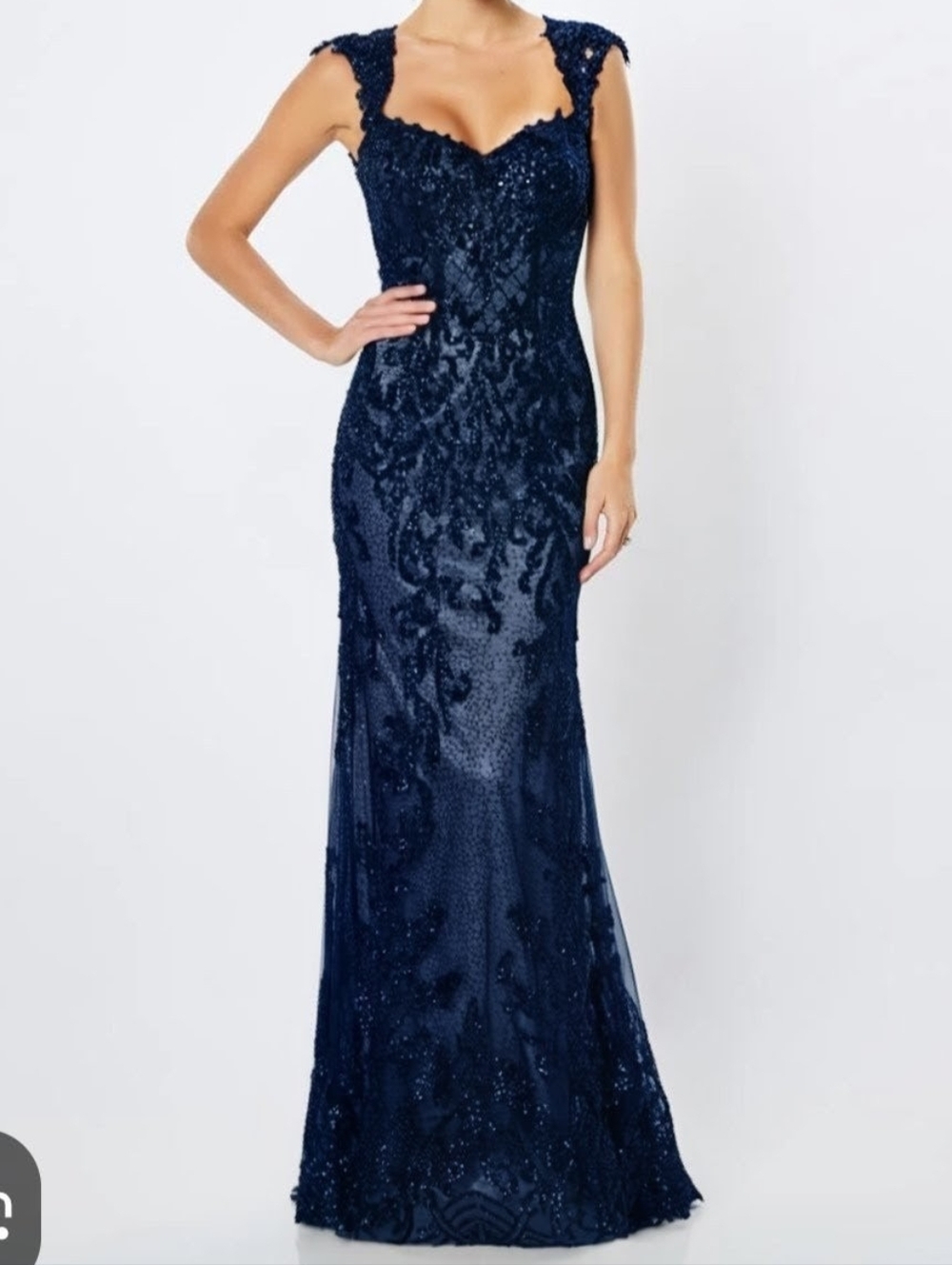 Montage By Mon Cheri Navy Blue Beaded Gown